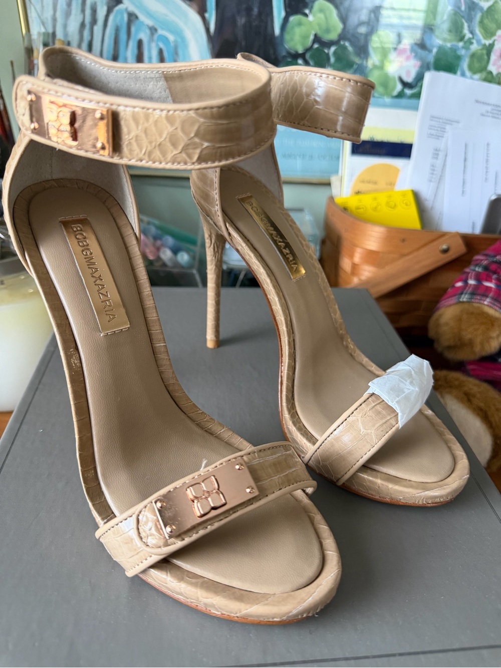 BCBGMaxAzria Ma-Entreat Natural Plain Snake Ankle-Strap Stiletto Sandals